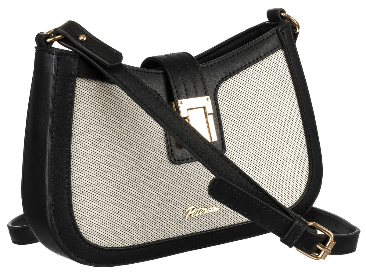 Modna mała torebka damska listonoszka na ramię ze skóry ekologicznej i płótna canvas PETERSON czarno - beżowa ze złotymi okuciami kieszonki