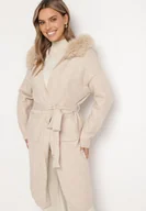 Swetry damskie - Beżowy Kardigan z Wełną o Prostym Kroju z Kapturem z Odpinanym Futrem Wiązany w Pasie Besigala - miniaturka - grafika 1