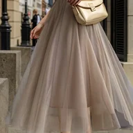 Spódnice - TEMU Elegancka 3-warstwowa tylkowa midi spódnica dla kobiet - wysoka , spódnica w kształcie litery A z prześwitującą siatką, beżowa/biała, idealna na - miniaturka - grafika 1