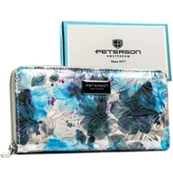 Portfele - Srebrno - niebieski kolorowy portfel damski duży typu piórnik na suwak PETERSON rozbudowany na karty skóra naturalna i ekologiczna modny ochrona RFI.. - miniaturka - grafika 1
