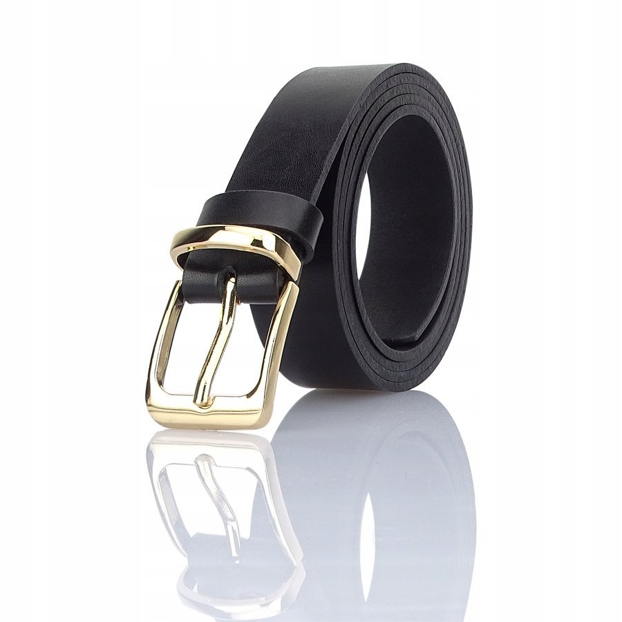 skorzany DAMSKI pasek CZARNY KLAMRA złota Gracio