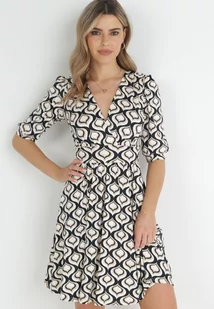 Czarno-Beżowa Rozkloszowana Sukienka z Bufiastymi Rękawami w Geometryczny Wzór Avory - Sukienki - miniaturka - grafika 1