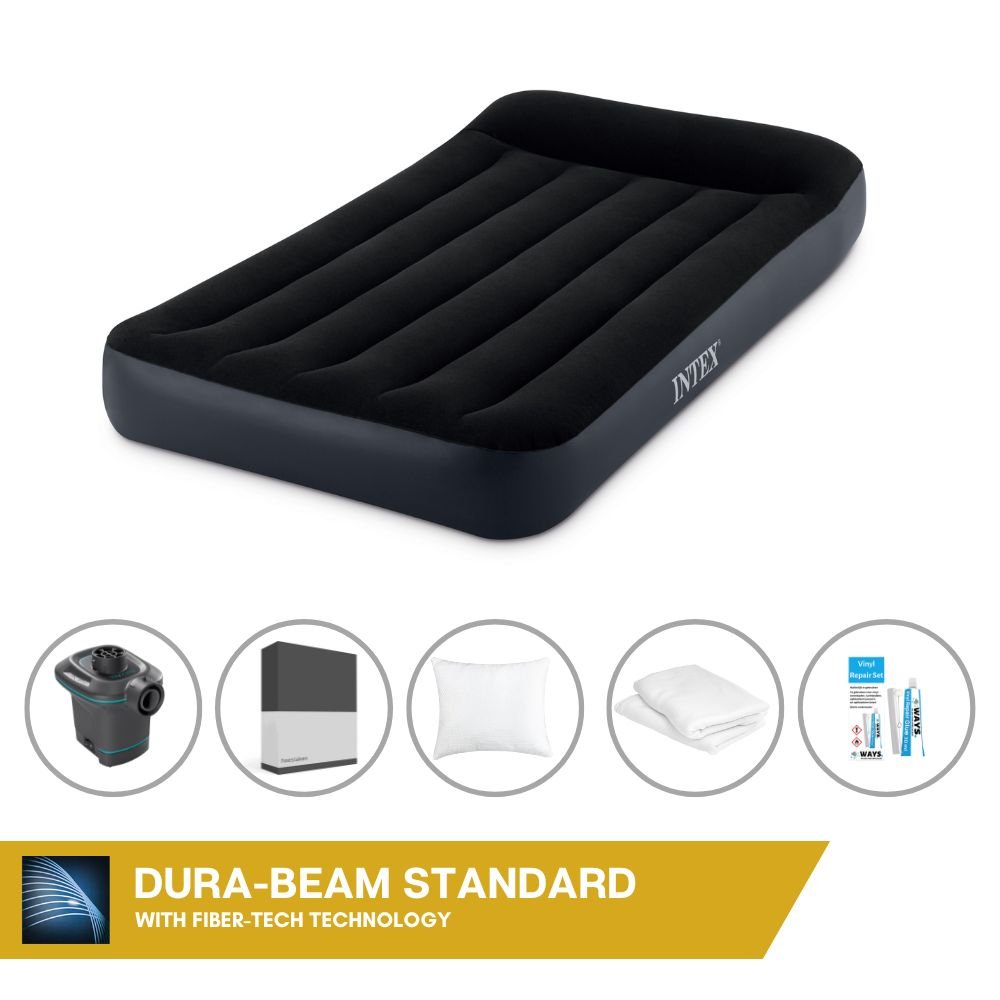Łóżko dmuchane Intex - 1 osoba - 99 x 191 x 25 cm - czarne + pompka elektryczna Intex - 650 litrów/min + prześcieradło czarne + poduszka + poszewki Molton 2 w 1 + zestaw naprawczy