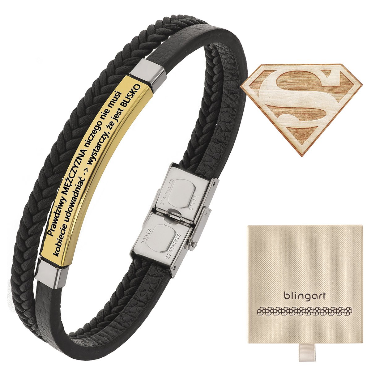 Bransoletka z GRAWEREM skórzana pozłacana PREZENT