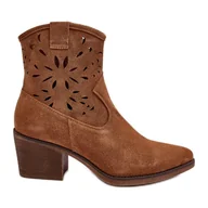 Botki damskie - S.Barski Zamszowe Botki Kowbojki Ażurowe D&A SN622-20 Camel brązowe - miniaturka - grafika 1