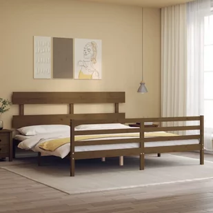 Rama łóżka z wezgłowiem, miodowy brąz, 200x200 cm, lite drewno Lumarko! - Łóżka - miniaturka - grafika 1