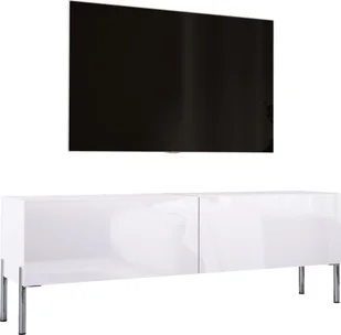 Szafka pod telewizor w kolorze biały mat / biały połysk z chromowanymi nogami, A: szer: 140 cm cm, wys: 52 cm, gł: 32 cm. Meble pod telewizor, stolik pod telewizor, ława pod telewizor - Szafki RTV - miniaturka - grafika 1