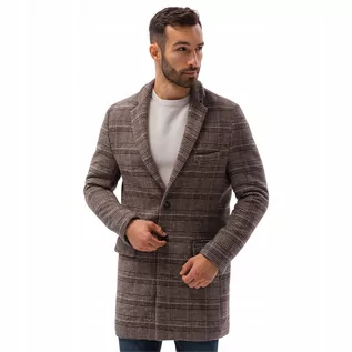 Płaszcze męskie - Płaszcz męski klasyczny w kratę C499 brązowy XL - grafika 1