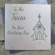 Kartki okolicznościowe i zaproszenia - białe bawełniane kartki 'To The Twins On Your chrzest Day', srebrna, WB267 - miniaturka - grafika 1