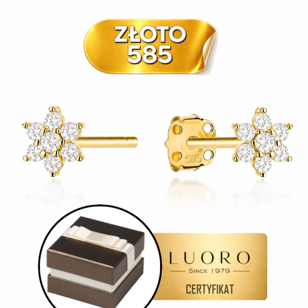 KOLCZYKI ZŁOTE 585 14K KWIATUSZKI Z CYRKONIAMI SZTYFT DELIKATNE 7 MM