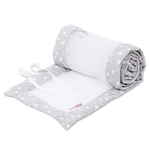babybay Ochraniacz do łóżeczka dziecięcego z siateczki, ochrona przed uderzeniami, pasuje do modeli Maxi, Boxspring, Comfort i Comfort Plus, perłowo-szare gwiazdki, białe