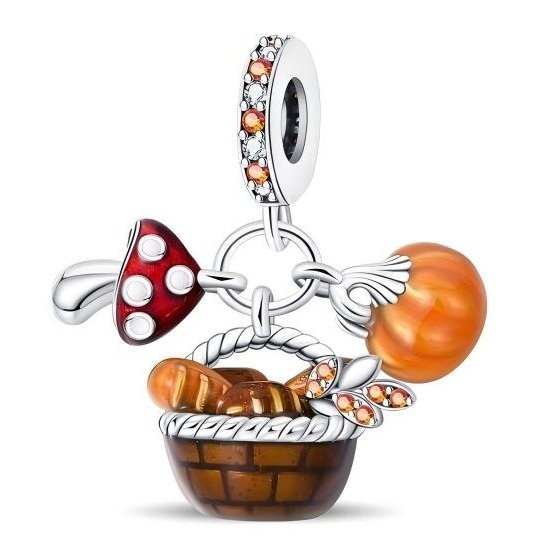 Zawieszka Charms SREBRO 925 Koralik Jesień Koszyk Dynia Grzyby Chleb Liść