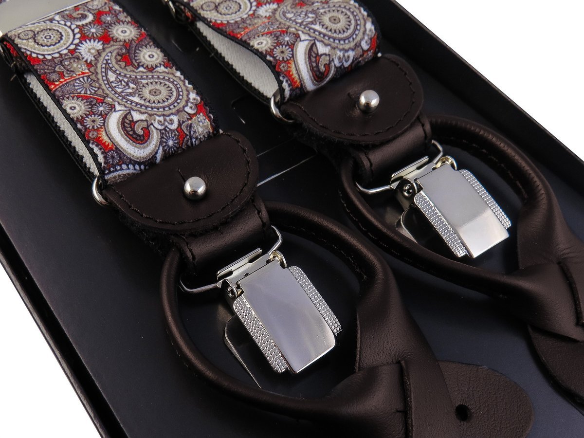 Brązowo-czerwone szelki we wzór paisley na żabki i na guziki - brązowe skóki G57