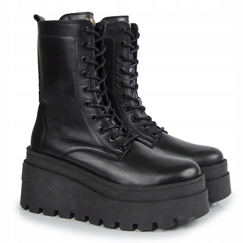 Czarne botki workery CARINII B9796-E50 skóra modne platforma wiązane r.40