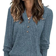 Bluzki damskie - TEMU Sweter damski z dekoltem w serek, długi rękaw - miękkie guziki z przodu, regularny krój, jednokolorowy, kolekcja elegancka na jesień/zimę - miniaturka - grafika 1