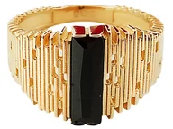 Pierścionki - Złoty Szeroki Pierścionek 585 Ażurowy Z Dużą Czarną Cyrkonią Na Prezent Nowoczesny Wzór - miniaturka - grafika 1