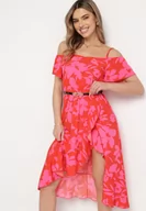 Sukienki - Czerwona Rozkloszowana Sukienka Midi Hiszpanka w Kwiaty Mirentta - miniaturka - grafika 1