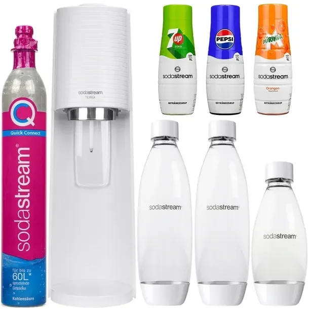 Saturator Do Wody Sodastream Terra Biały 3 Butelki + 3 Syropy + Cylinder