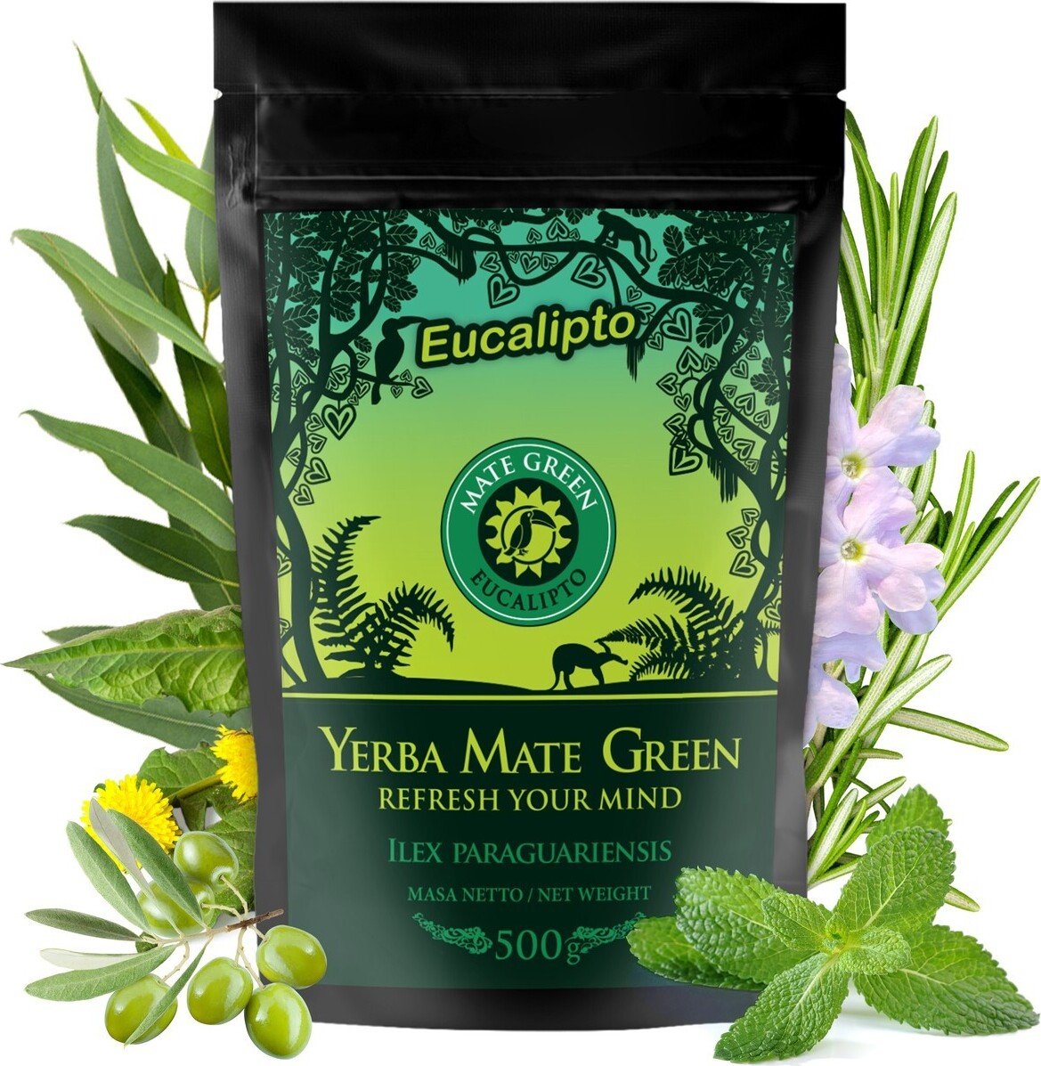 Mate Green Eucalipto 0,5 kg - brazylijska herbata mate z dodatkiem eukaliptusa, rozmarynu, korzenia mniszka lekarskiego, kory lapacho, liścia oliwnego, werbeny cytrynowej i mięty
