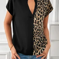 Koszule damskie - TEMU Damska elegancka bluzka bez rękawów z nadrukiem w kolorze panterki - swobodny styl letni, czarna z nadrukiem w kolorze panterki i białymi - miniaturka - grafika 1
