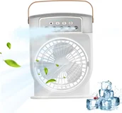 Wentylatory - Przenośny wentylator chłodzący powietrze, wentylator parowy z 3 wentylatorami, mini wentylator biurkowy z funkcją mgiełki i lampką nocną, biały - miniaturka - grafika 1