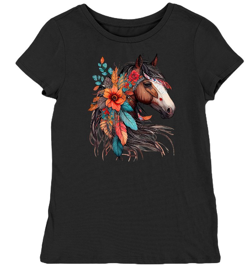 Koszulka damska koń i kwiaty czarna XS