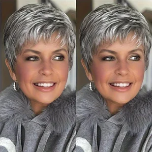 TEMU Peruka Damska Elegancka Szara - Krótkie Proste Włosy Warstwowe z Naturalnym Wyglądem i Pełniściem, Łatwa w Pielęgnacji - Idealna na Codzienność, - Ozdoby do włosów - miniaturka - grafika 1