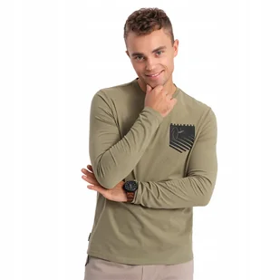 Longsleeve męski z printem w kształcie kieszonki oliwkowy V2 OM-LSPT-0118 M - Koszulki męskie - miniaturka - grafika 1