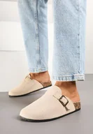 Klapki i japonki damskie - Beżowe Klapki w Stylu Chodaków Ozdobione Klamrą Alvessia - miniaturka - grafika 1