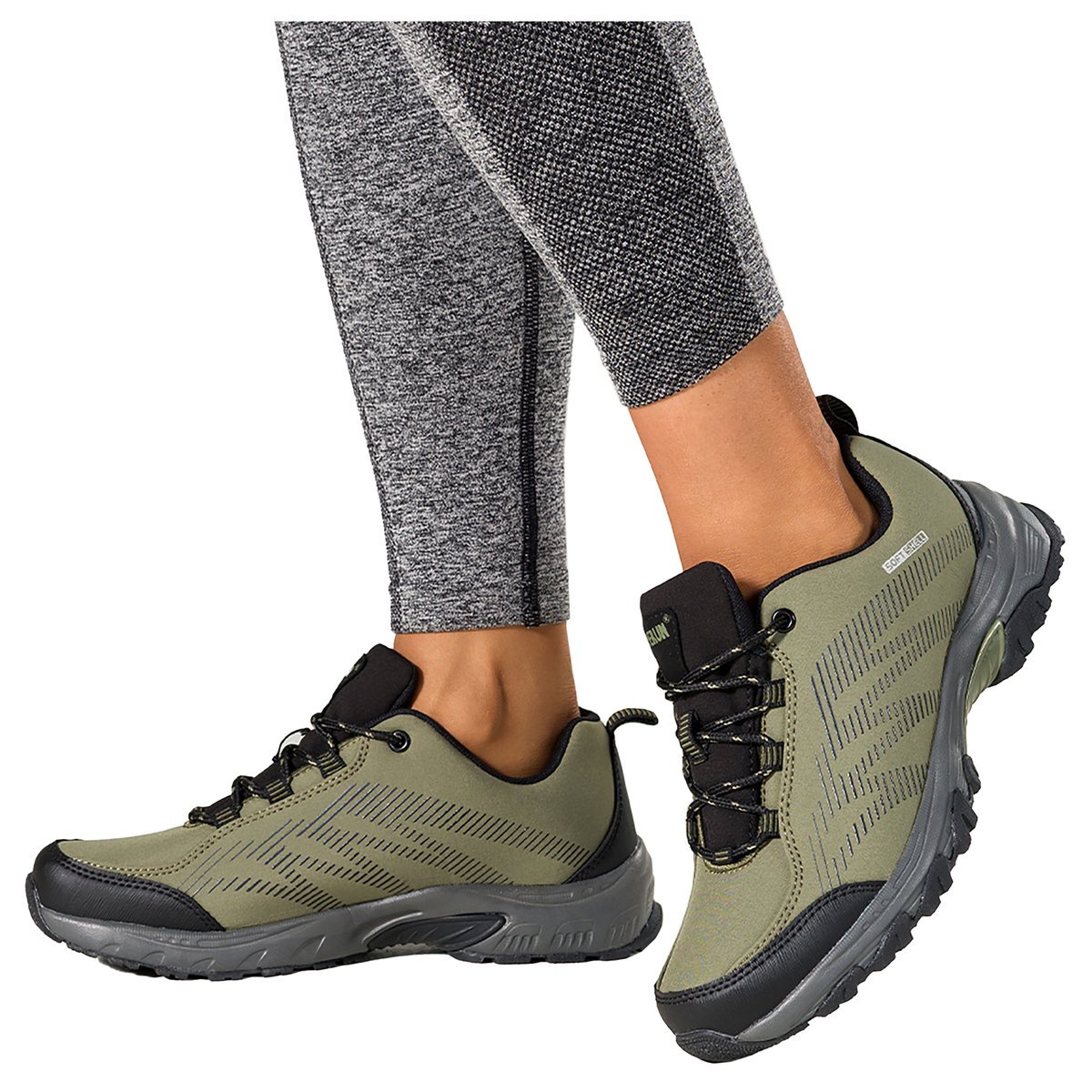 Zielone buty trekkingowe damskie buty sportowe softshell na bieżnikowanej podeszwie sznurowane czarne wstawki Carla 8046-39