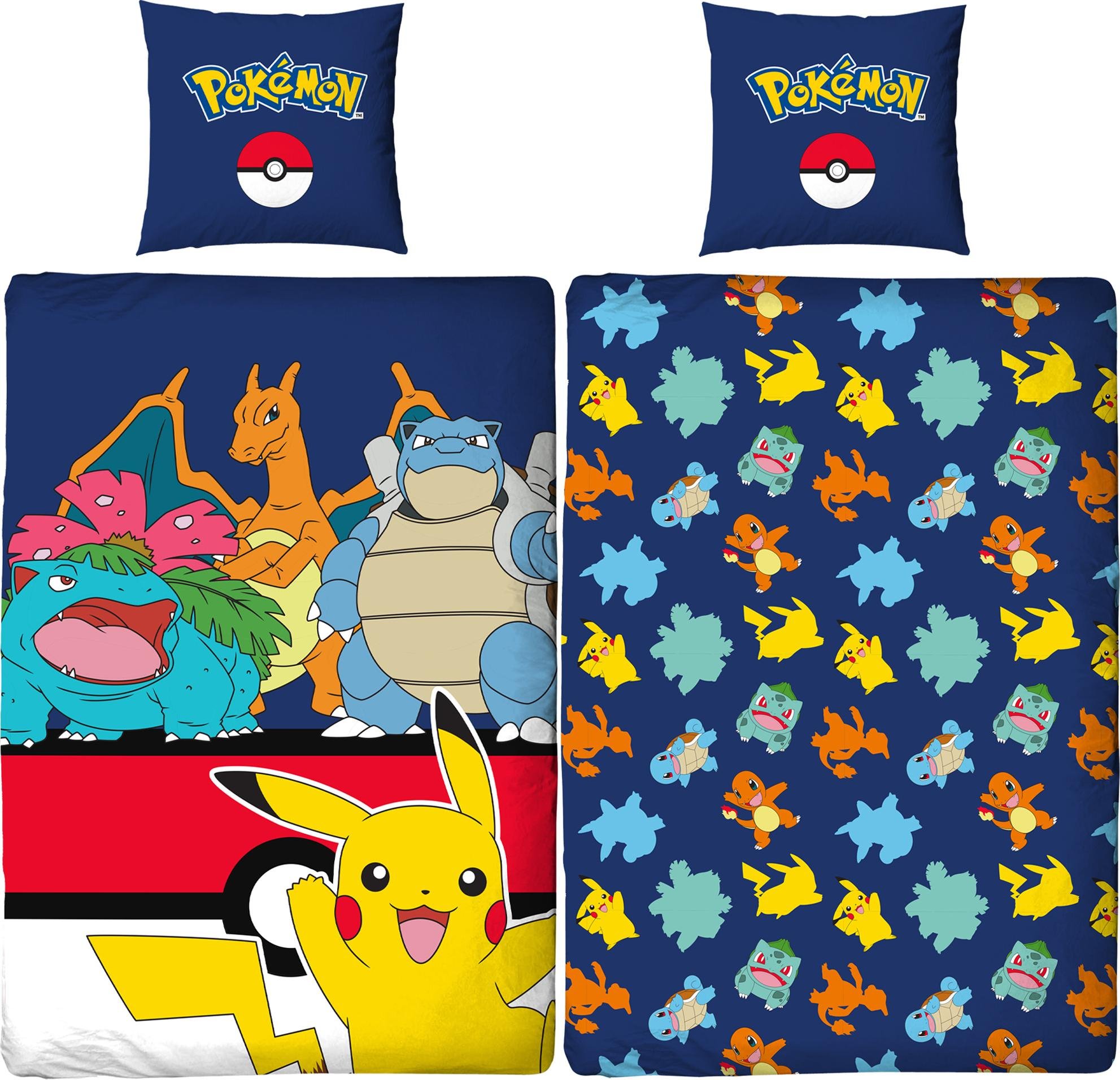 Pokemon pościel dziecięca dwustronna Pikachu Glurak Bisaflor Turtok 135x200cm + 80x80cm 100% bawełna Renforcé pościel