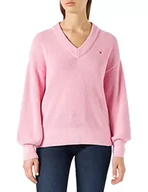 Swetry damskie - Tommy Hilfiger Damski sweter V-NK z dzianiny z bawełnianego żeberka, klasyczny różowy, XL - miniaturka - grafika 1