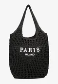 Torebki damskie - Czarna Torebka Shopper z Plecionką i Napisami Navessa - miniaturka - grafika 1