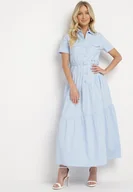 Sukienki - Niebieska Taliowana Sukienka z Bawełny w Koszulowym Stylu z Imitacją Kieszeni Masefia - miniaturka - grafika 1
