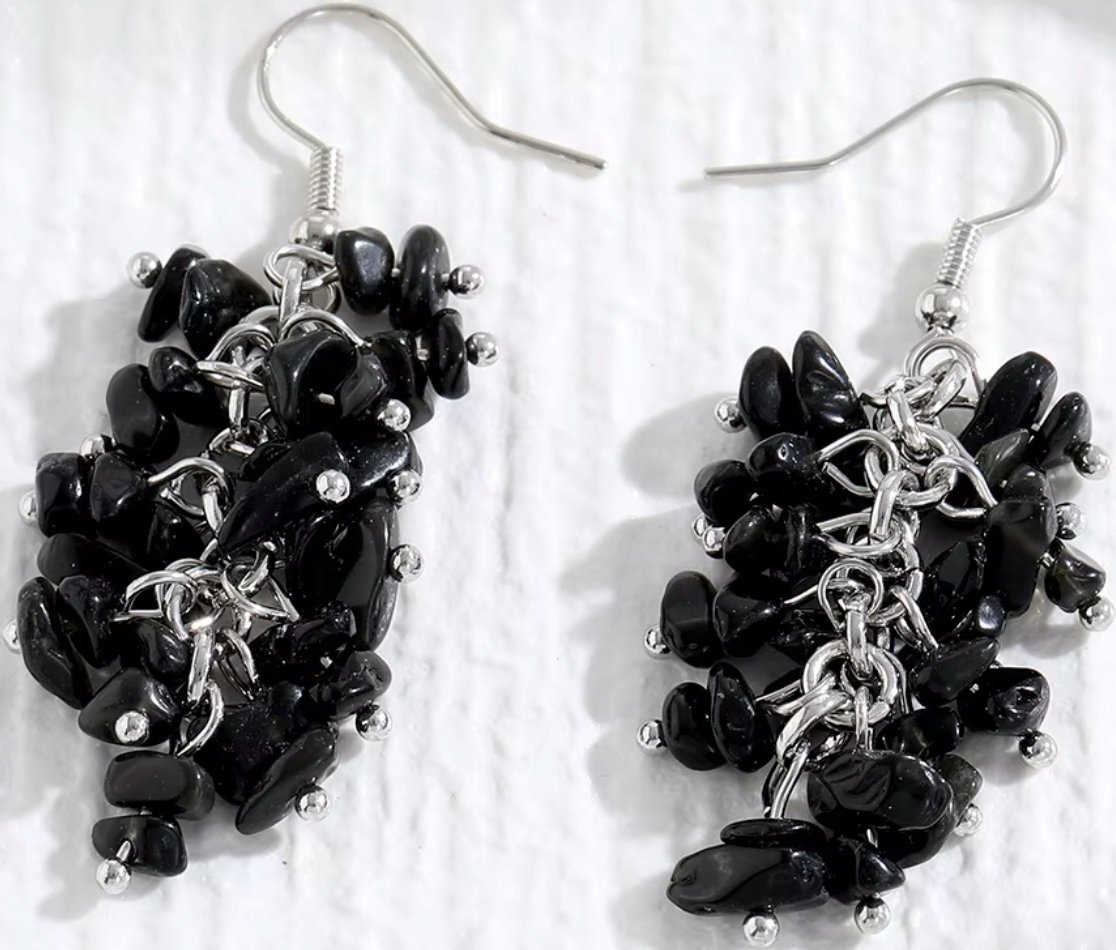 Srebrne Kolczyki z Czarnymi Kamieniami Sztyft Naturalne Posrebrzane