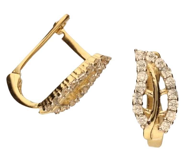 Kolczyki złote próby 585 z białymi cyrkoniami motyw liścia eleganckie 14KT