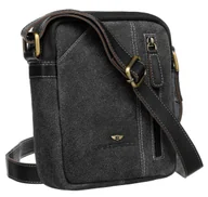 Torby męskie - Czarna mała skórzana torebka męska na długim pasku ze złotymi okuciami PETERSON miejska saszetka listonoszka crossbody na suwak kieszonki miejsce na.. - miniaturka - grafika 1