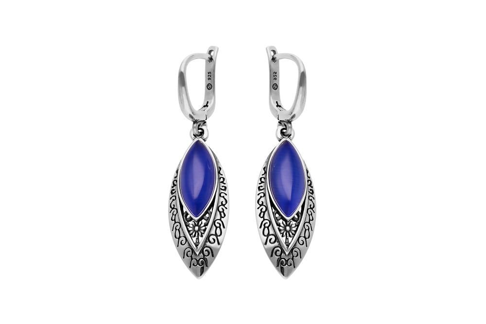 Srebrne kolczyki 925 długie z niebieskimi kamieniami wzór kwiata