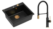 Zlewozmywaki z baterią - Quadron Unique Zlewozmywak granitowy jednokomorowy 57*50*22 cm MORGAN 110 PURE CARBON z syfonem Push-2-Open w kolorze miedzianym z baterią GEMMA Q LINE SLIM PURE CARBON z ruchomą wylewką kolor czarny mat/wykończenie miedź/czarny wąż - miniaturka - grafika 1