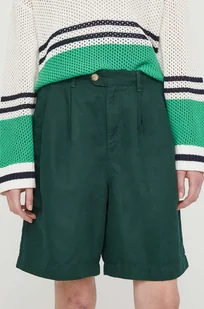 Tommy Hilfiger szorty z domieszką lnu kolor zielony gładkie high waist - Spodenki damskie - miniaturka - grafika 1