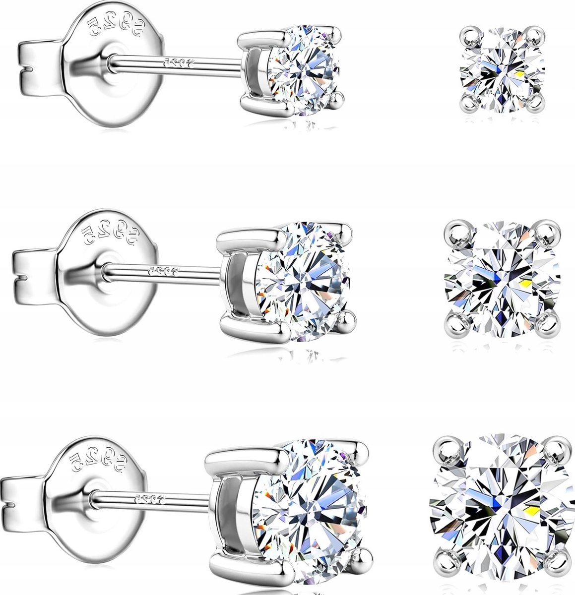 KOLCZYKI MOISSANITE SREBRO 925 ZESTAW 3 PAR HIPOALERGICZNE BIŻUTERIA
