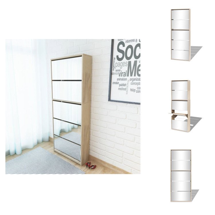 vidaXL Szafka na buty z 5 przegrodami lustro dąb 63x17x169,5 cm - Półki i szafki na buty