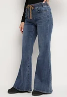 Spodnie damskie - Niebieskie Jeansy z Bawełny o Kroju Dzwonów z Wysokim Stanem i Sznurkiem Grelirra - miniaturka - grafika 1