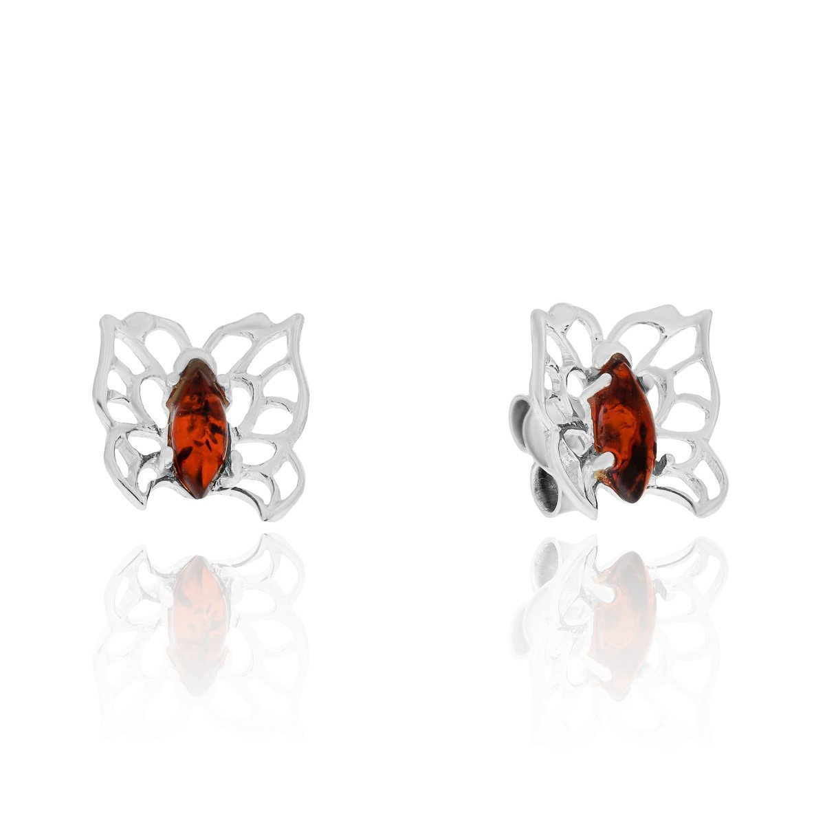 Srebrne kolczyki z bursztynem sztyft motyl pr. 925