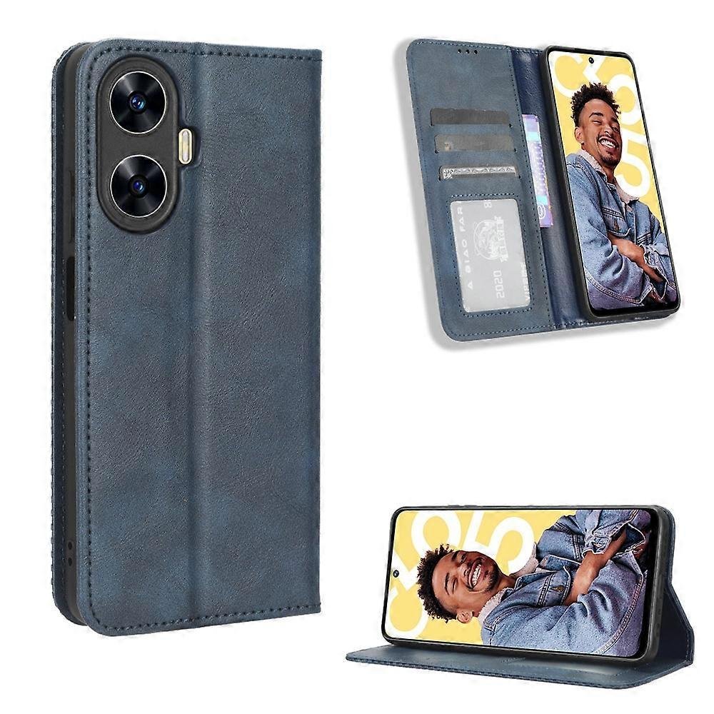 Do Realme C55 4G Magnetyczna klamra Retro Tekstura Skórzane etui na telefon Niebieski