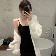 Swetry damskie - TEMU 2025 Zimowa Kardigan z Mink Oversize w Stylu Leniwym, Gruby Biały Sweter-Płaszcz Damski do Kolana - miniaturka - grafika 1