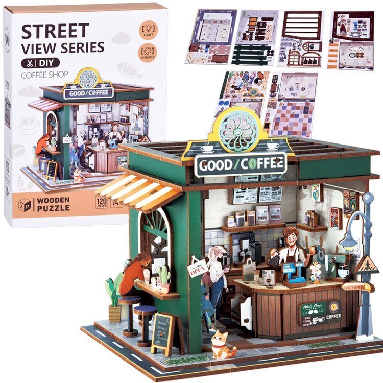 Jokomisiada Drewniane PUZZLE 3D Seria budynku kawiarni z oświetleniem 120 ele ZA6012 EDUKAMP