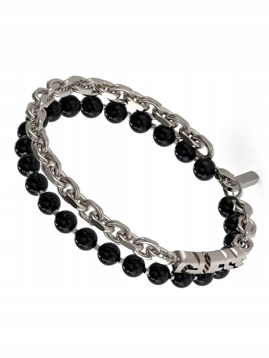 Czarno-srebrna bransoletka męska Guess EDGY STYLES łańcuch koraliki onyks J