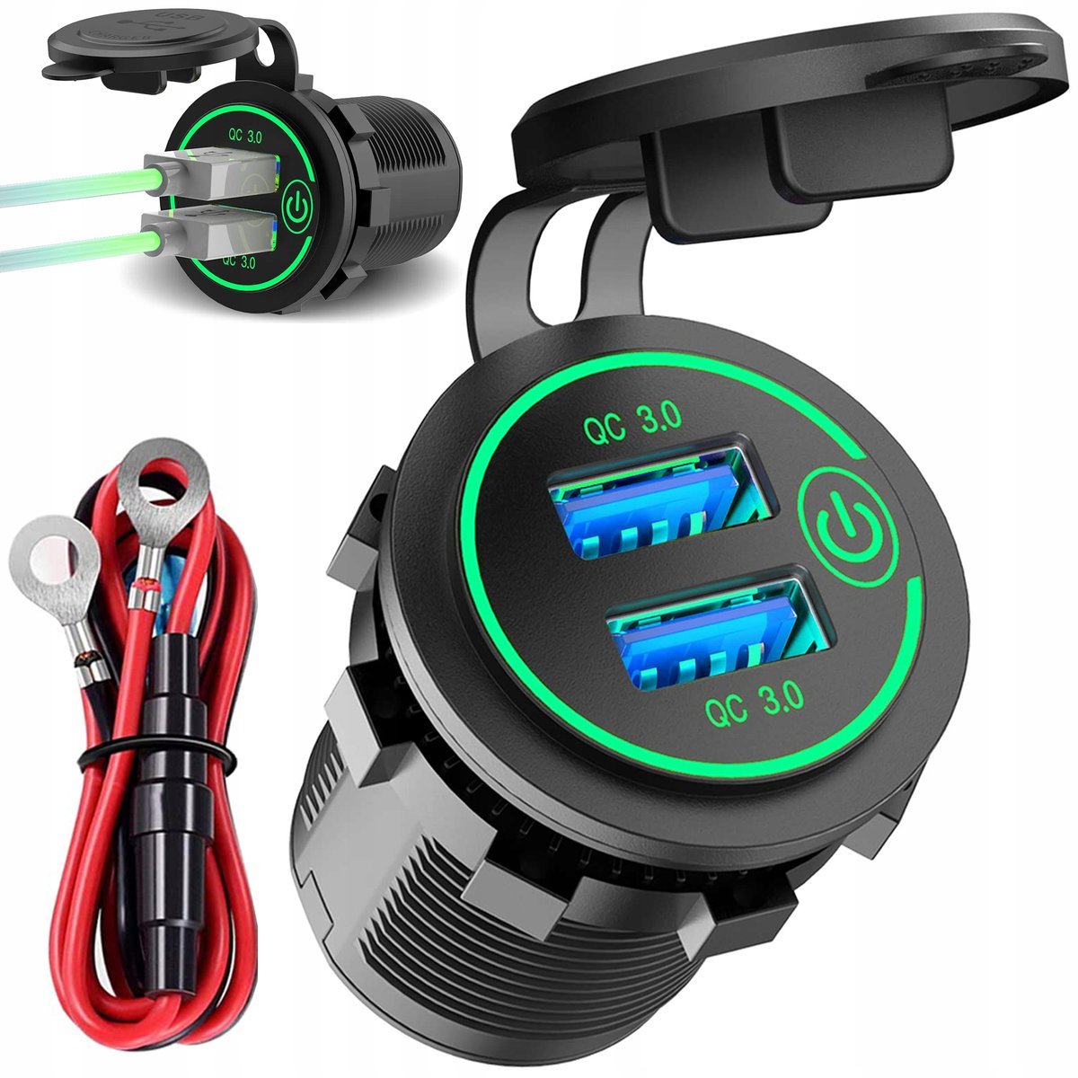 ŁADOWARKA SAMOCHODOWA GNIAZDO ZAPALNICZKI WODOODPORNE 2x USB QC 3.0 ZIELONY
