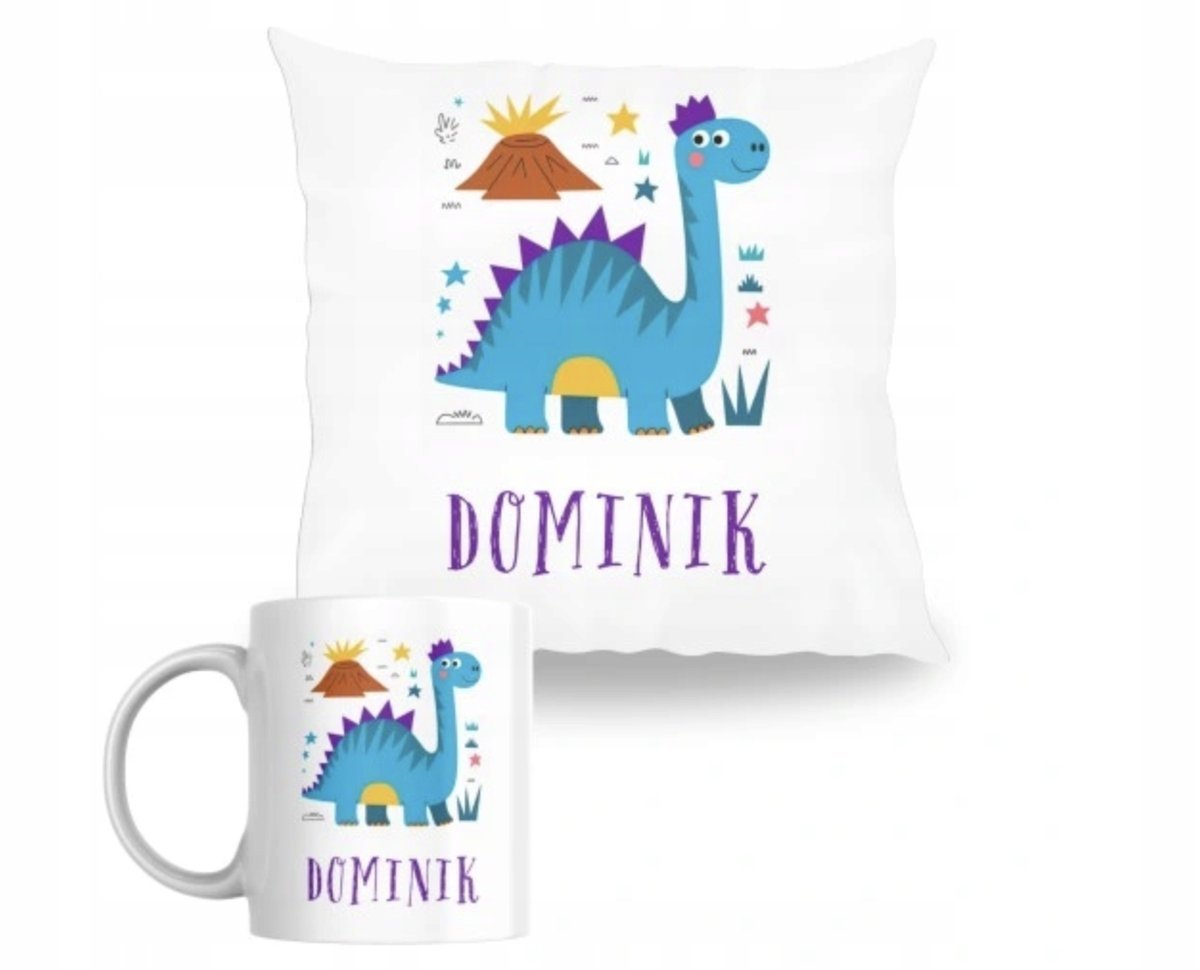 ZESTAW PODUSZKA + KUBEK Prezent DINOZAURY T-REX Z DINOZAURAMI + IMIĘ 33
